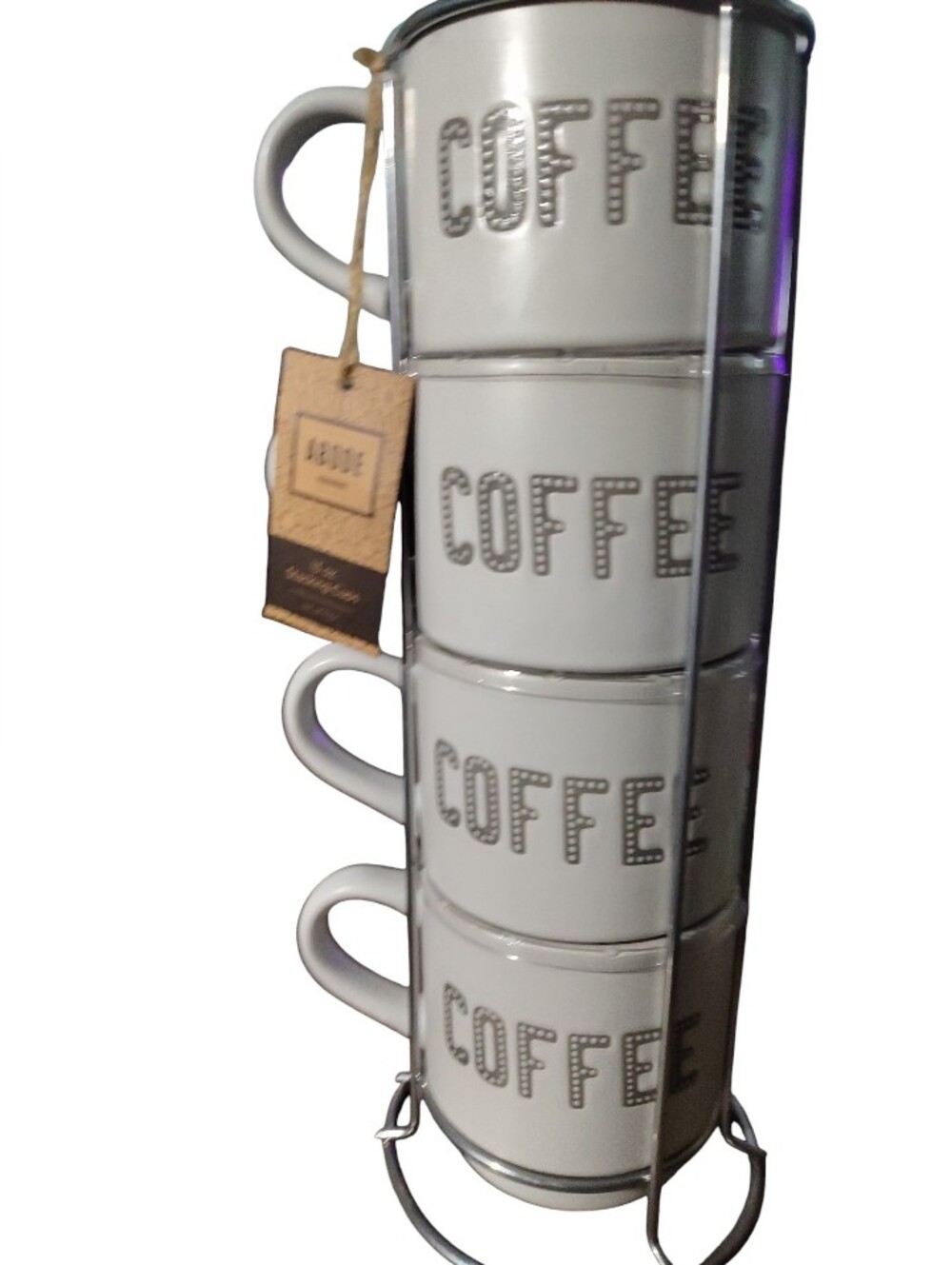 Abode White Stackable Coffee Mug Set with Metal Rack